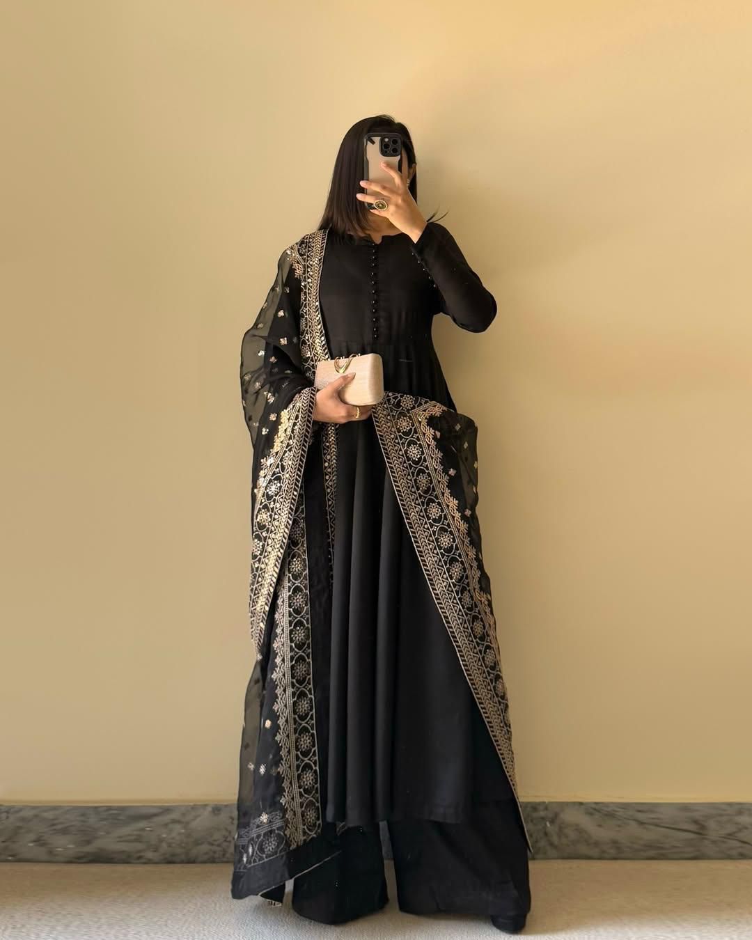 Wedding Wear Black Color Chinon Work Gown For Girls