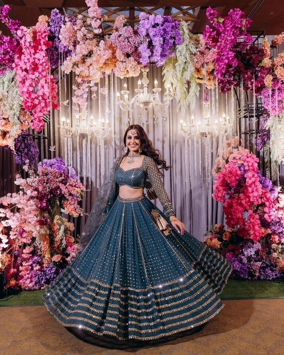 Wedding Wear Blue Color Faux Georgette Lehenga For Girls