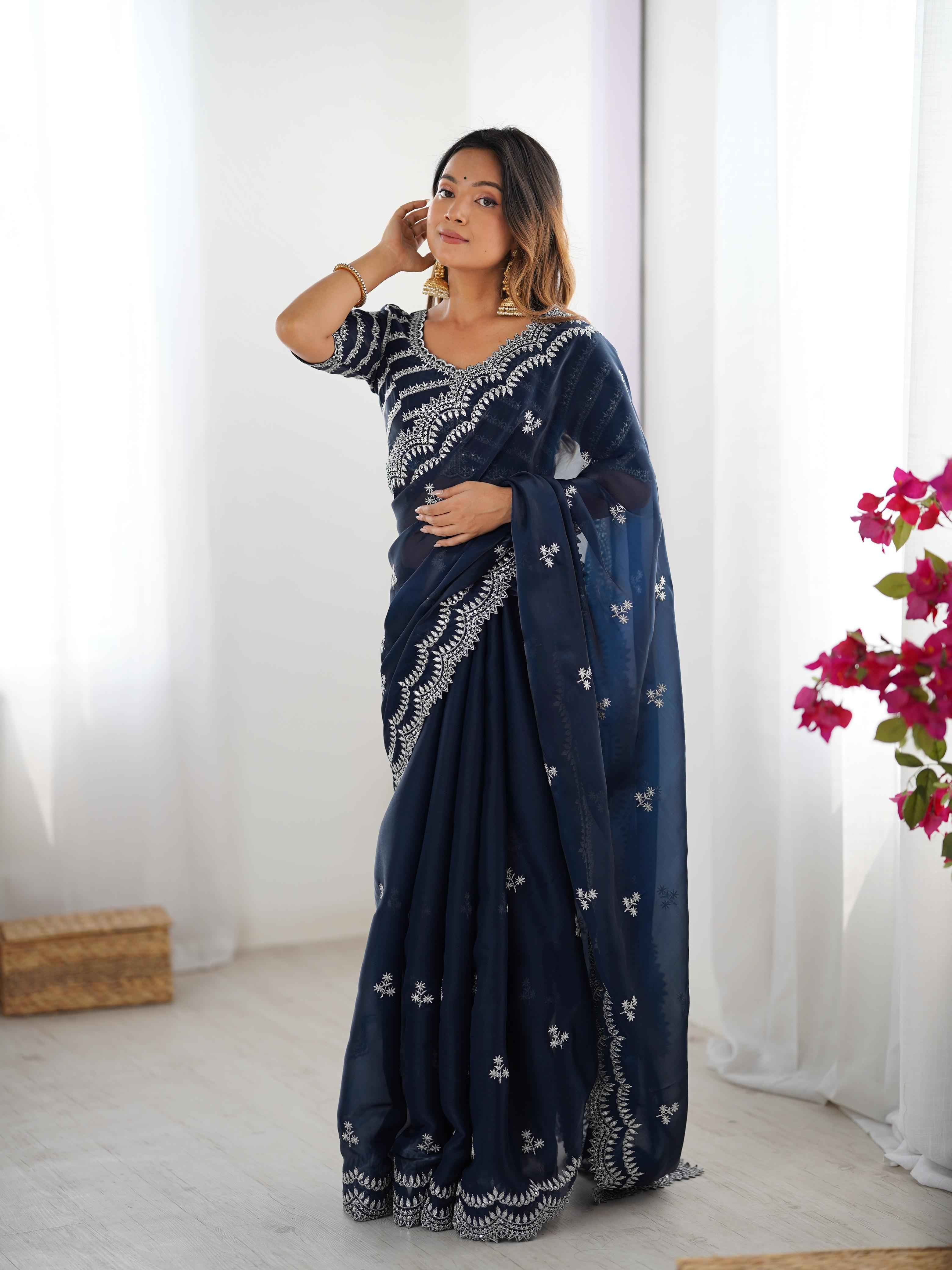 Wedding Wear Blue Color Jimmy Chu Saree For Girls