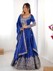 Wedding Wear Blue Color Natural Crep Silk Lehenga For Bride