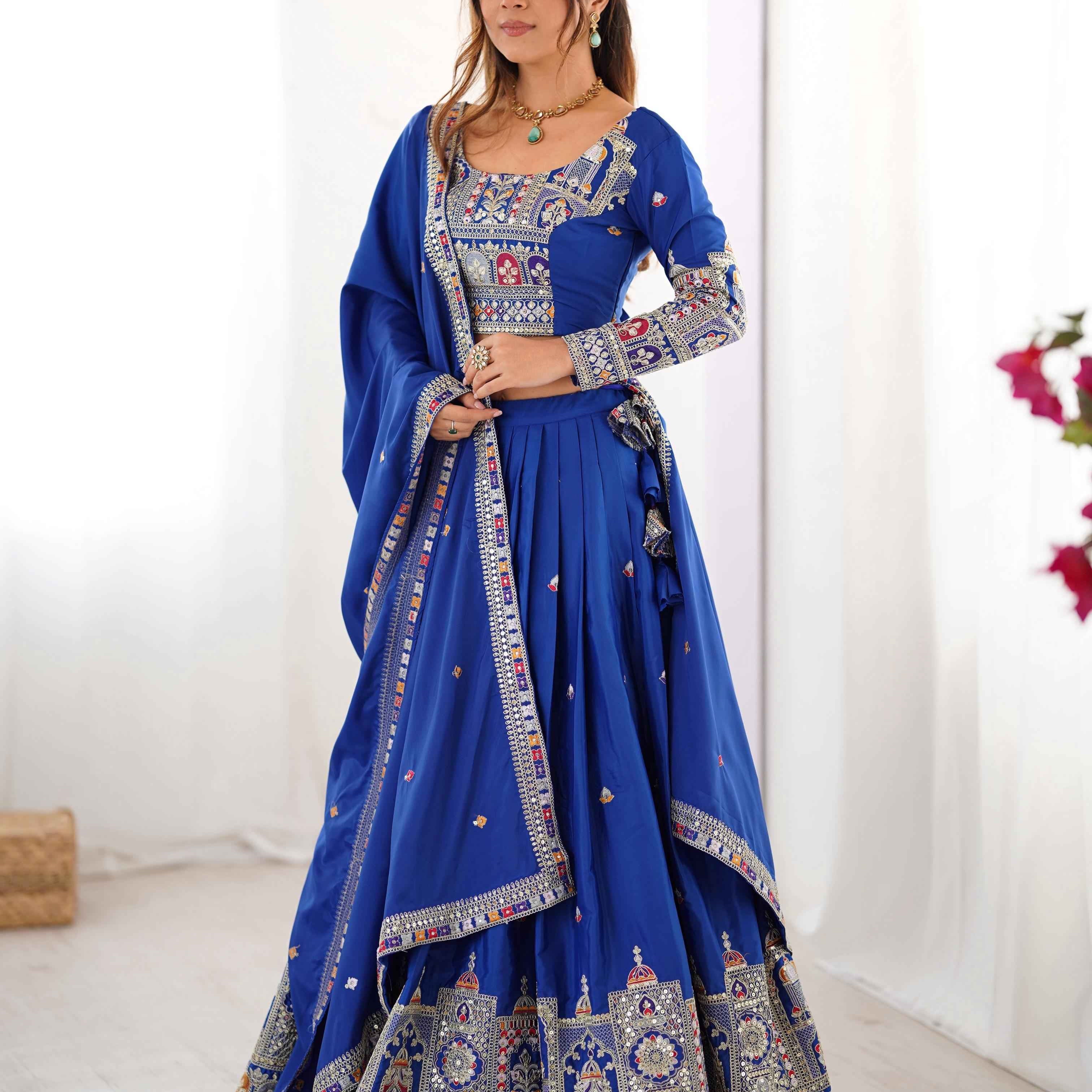 Wedding Wear Blue Color Natural Crep Silk Lehenga For Bride