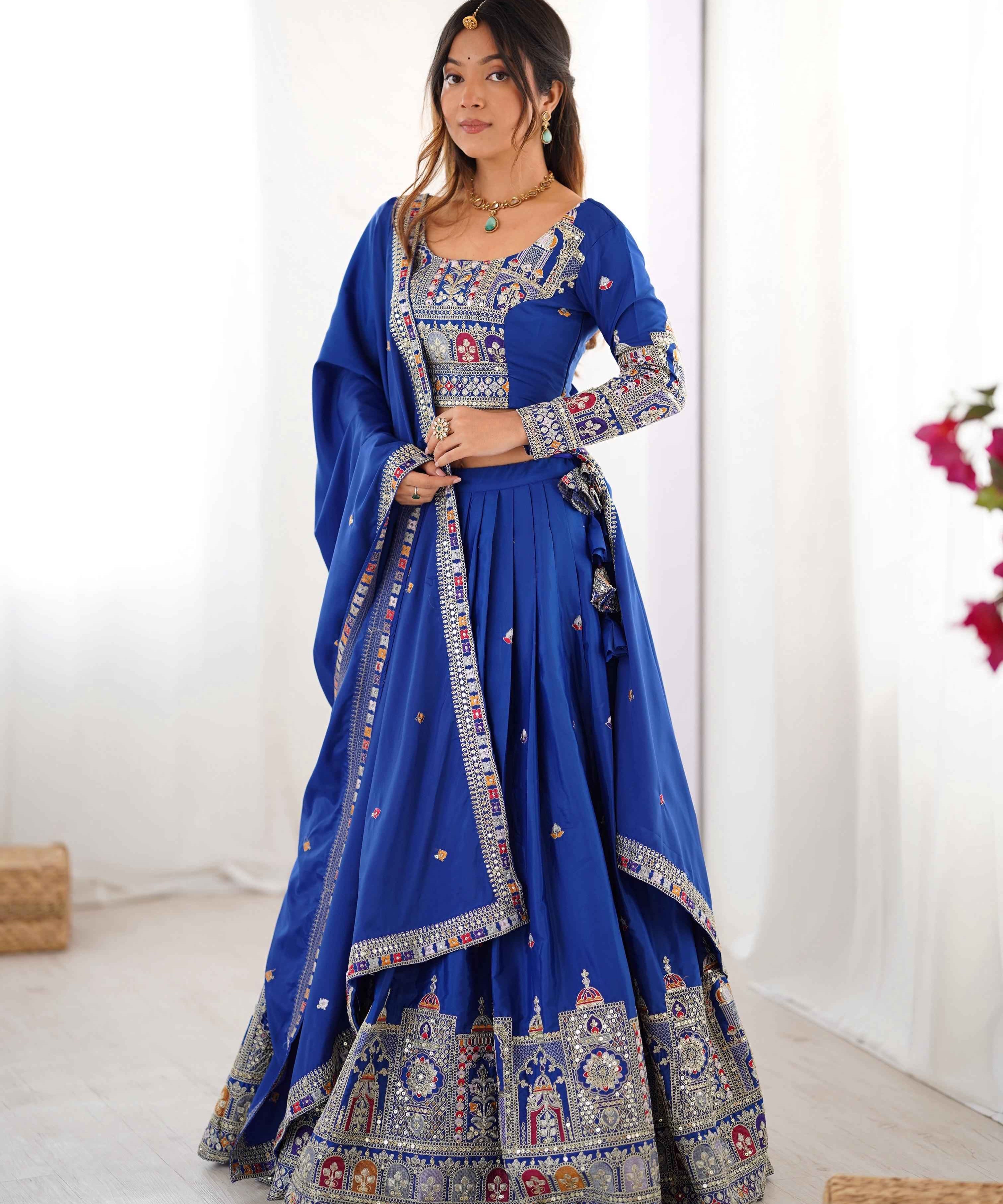 Wedding Wear Blue Color Natural Crep Silk Lehenga For Bride