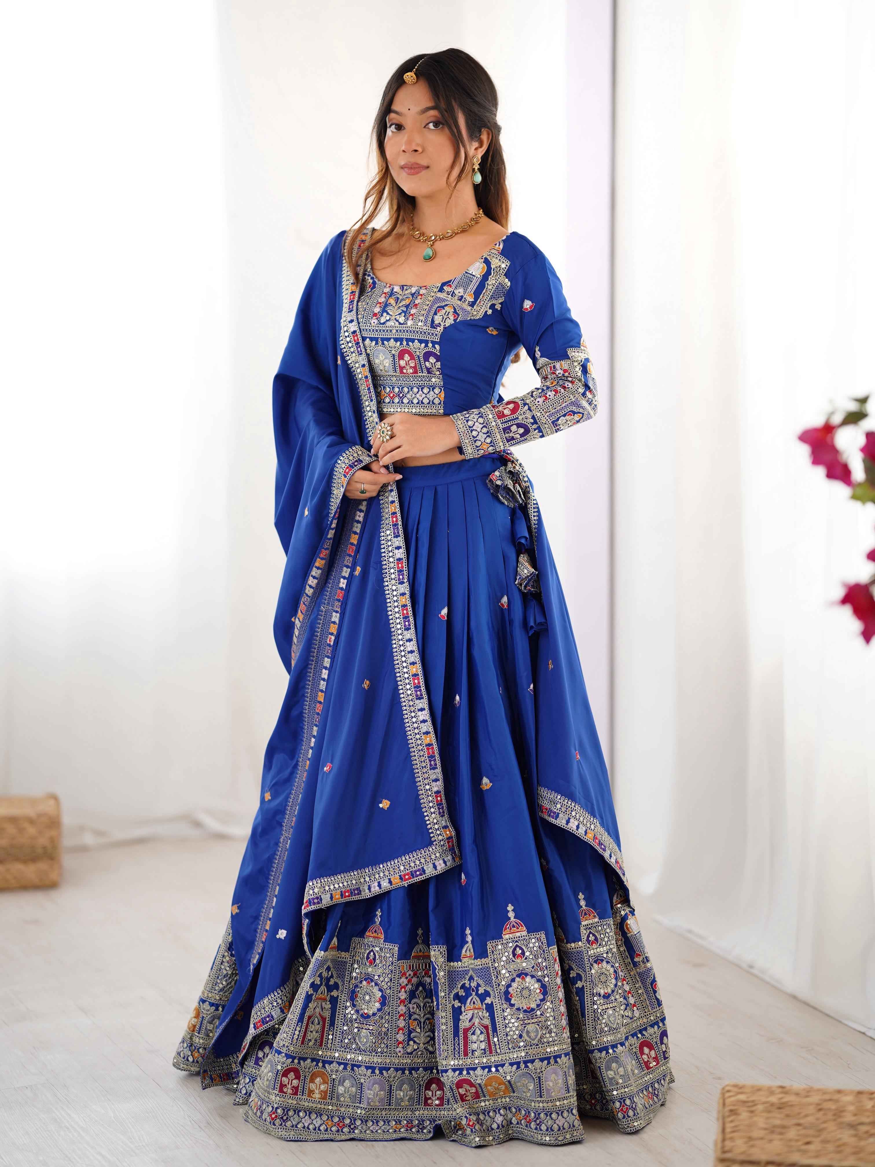 Wedding Wear Blue Color Natural Crep Silk Lehenga For Bride