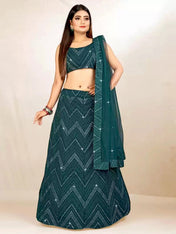 Wedding Wear Bottle Green Color Georgette Lehenga For Women