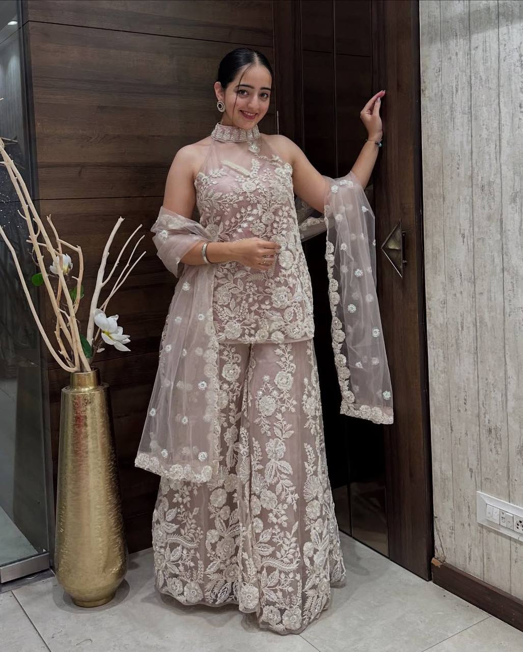 Wedding Wear Cream Color Butterfly Net Sharara Wear For Girls