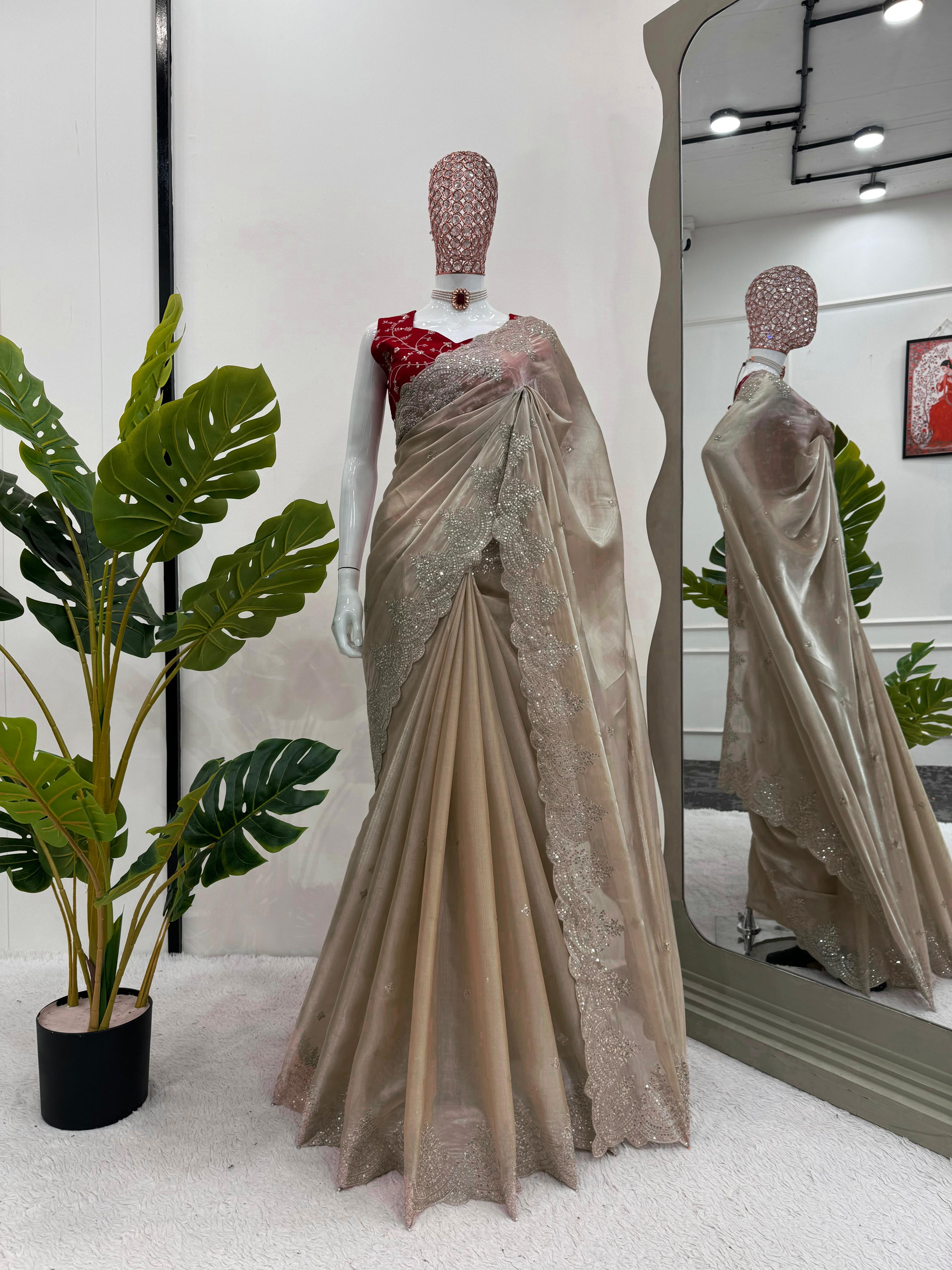 Wedding Wear Cream Color Jimmy Chu Saree For Girls