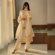 Wedding Wear Cream Color Roman Silk Kurti For Girls