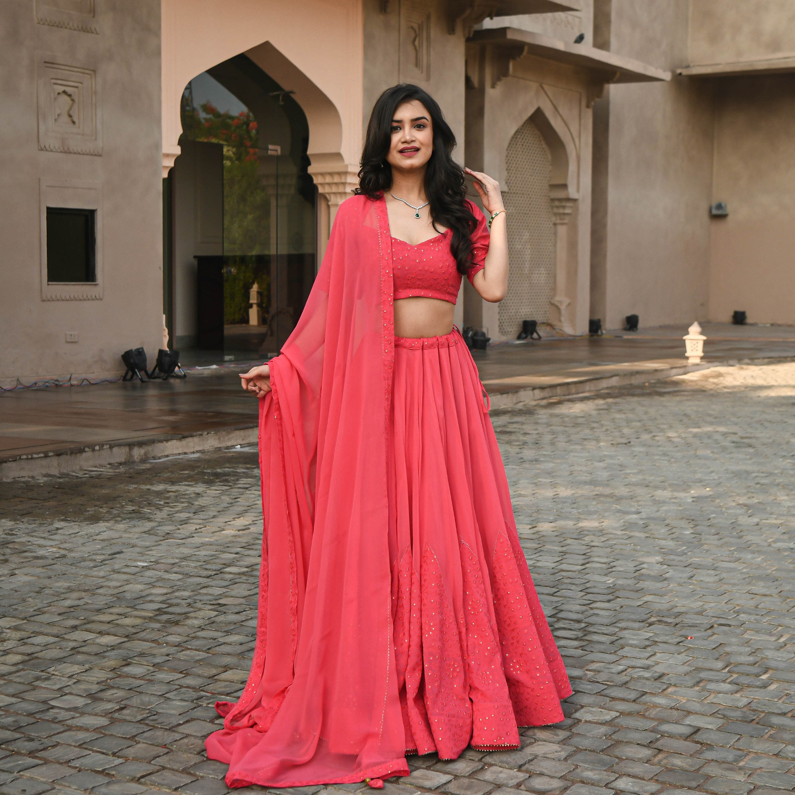 Wedding Wear Gajri Color Georgette Lehenga For Girls