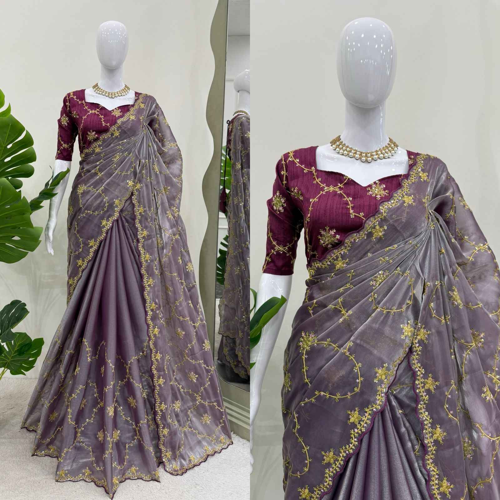Wedding Wear Gray Color Havy Zimmy Chu Saree For Women