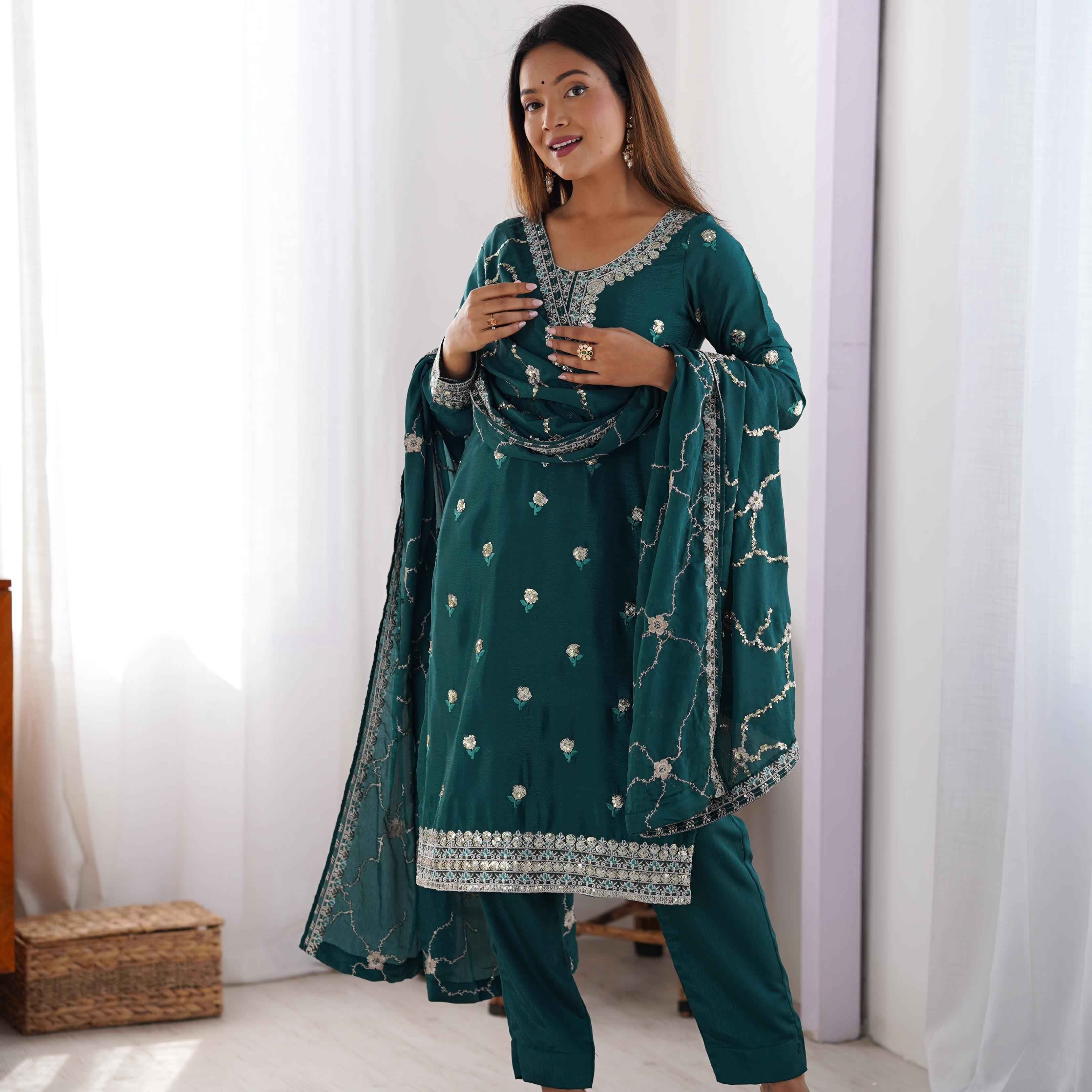 Wedding Wear Green Color Chinon Silk Kurti For Girls