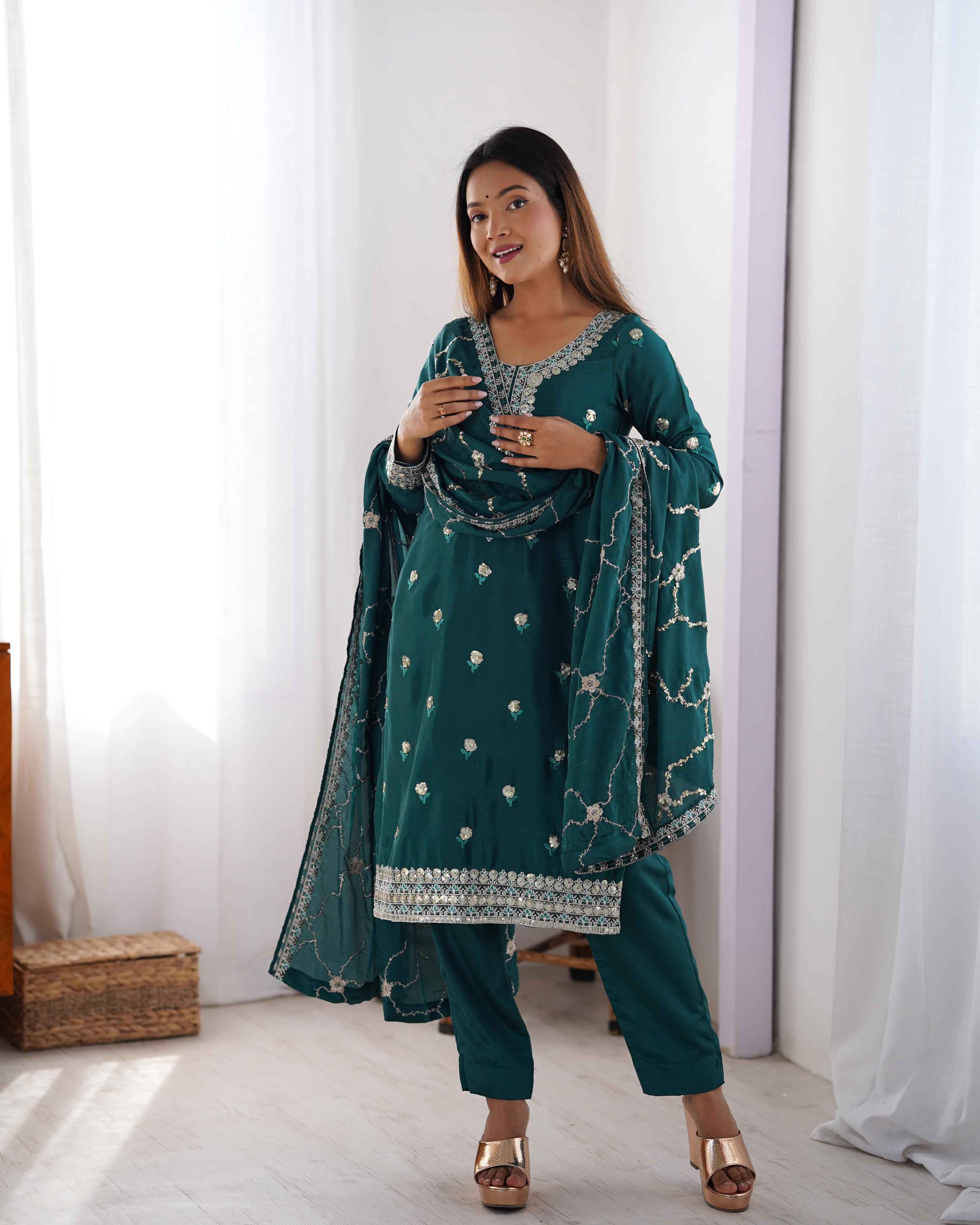 Wedding Wear Green Color Chinon Silk Kurti For Girls