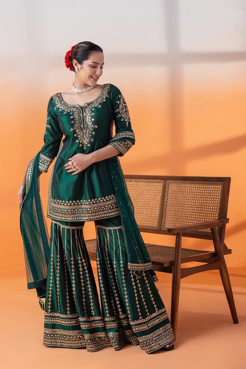 Wedding Wear Green Color Chinon Silk Suit For Girls