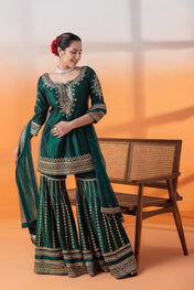 Wedding Wear Green Color Chinon Silk Suit For Girls