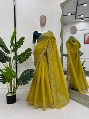 Wedding Wear Green Color Crunchy Silk Saree For Girls