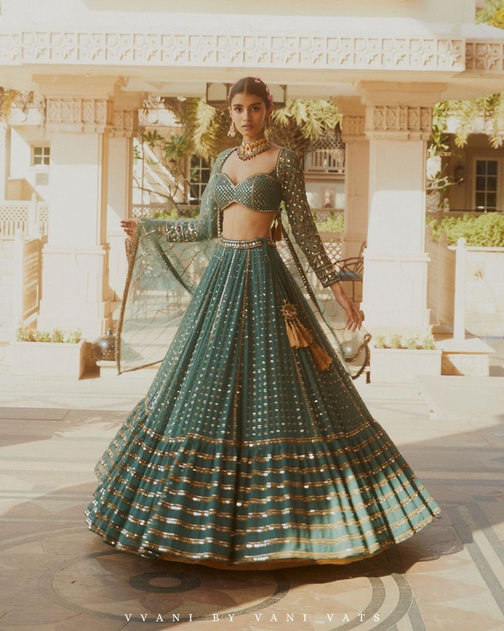 Wedding Wear Green Color Faux Georgette Lehenga For Girls