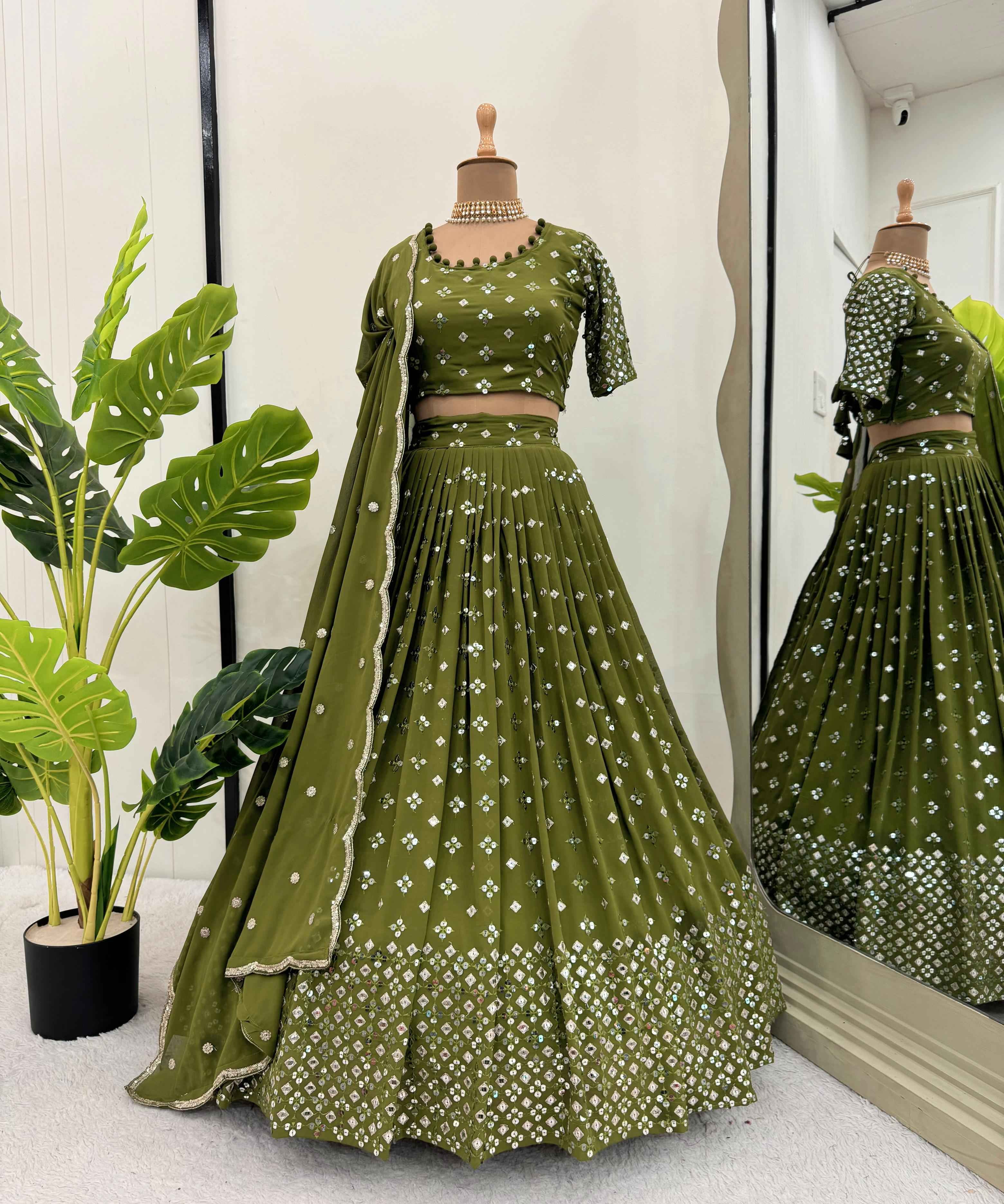 Wedding Wear Green Color Foux Gorgette Lehenga For Girls