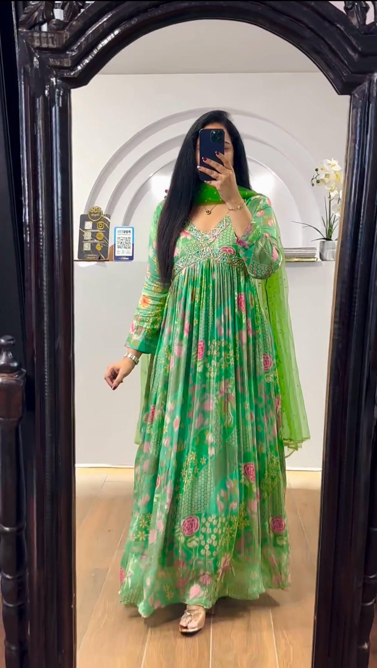 Wedding Wear Green Color Gown Dupatta For Girls