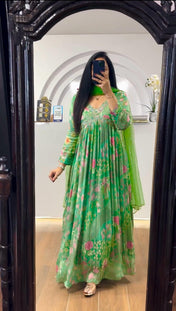Wedding Wear Green Color Gown Dupatta For Girls