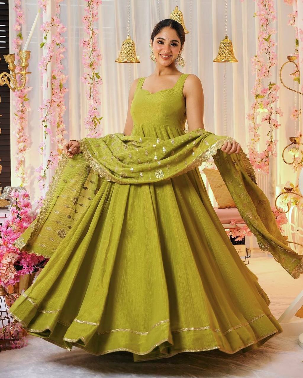 Wedding Wear Green Color Heavy Chinnon Silk Gown For Girls