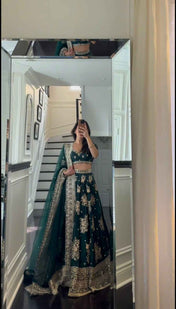 Wedding Wear Green Color Japan Jastin Lehenga For Girls