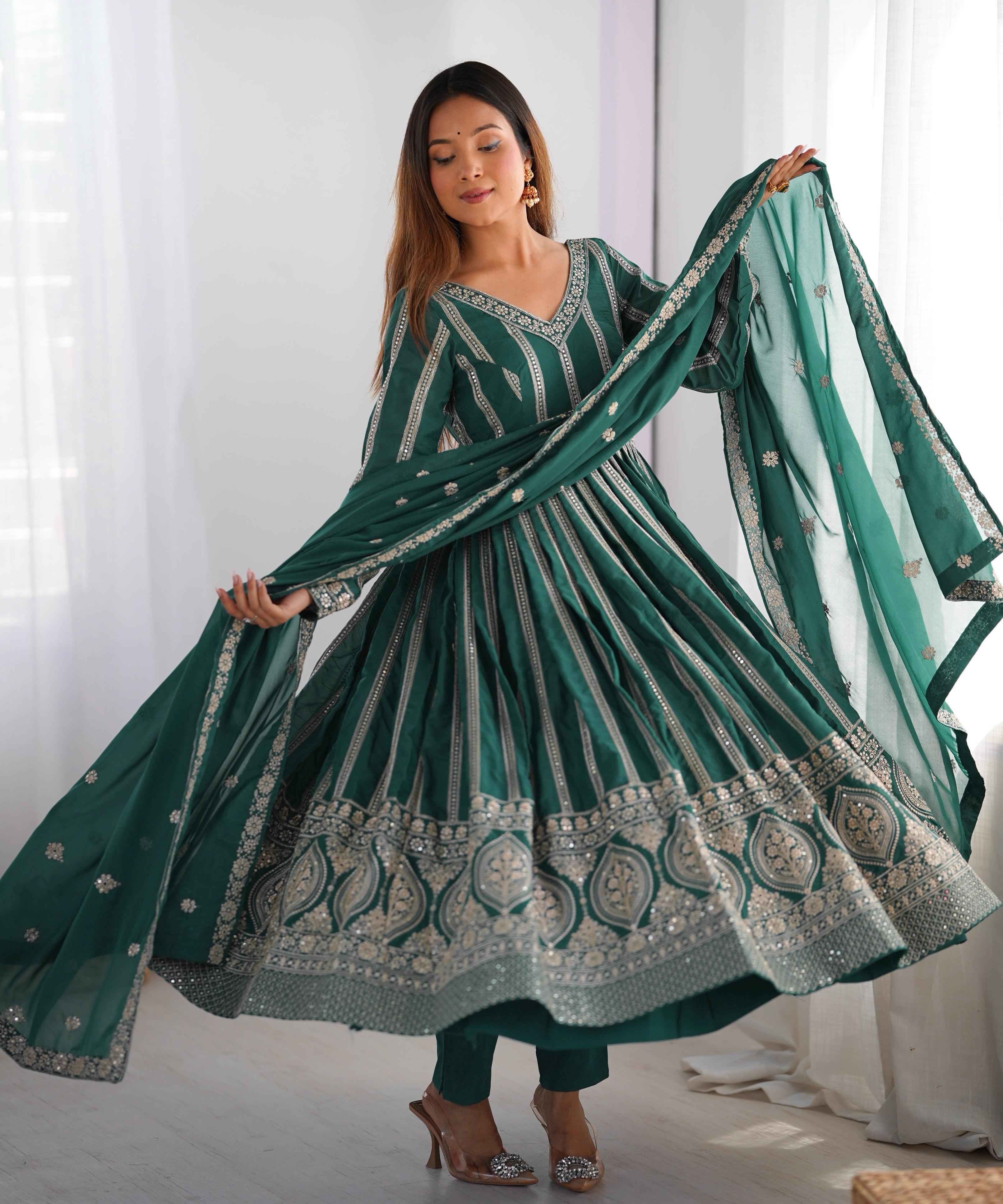 Wedding Wear Green Color Star Georgette Gown For Girls