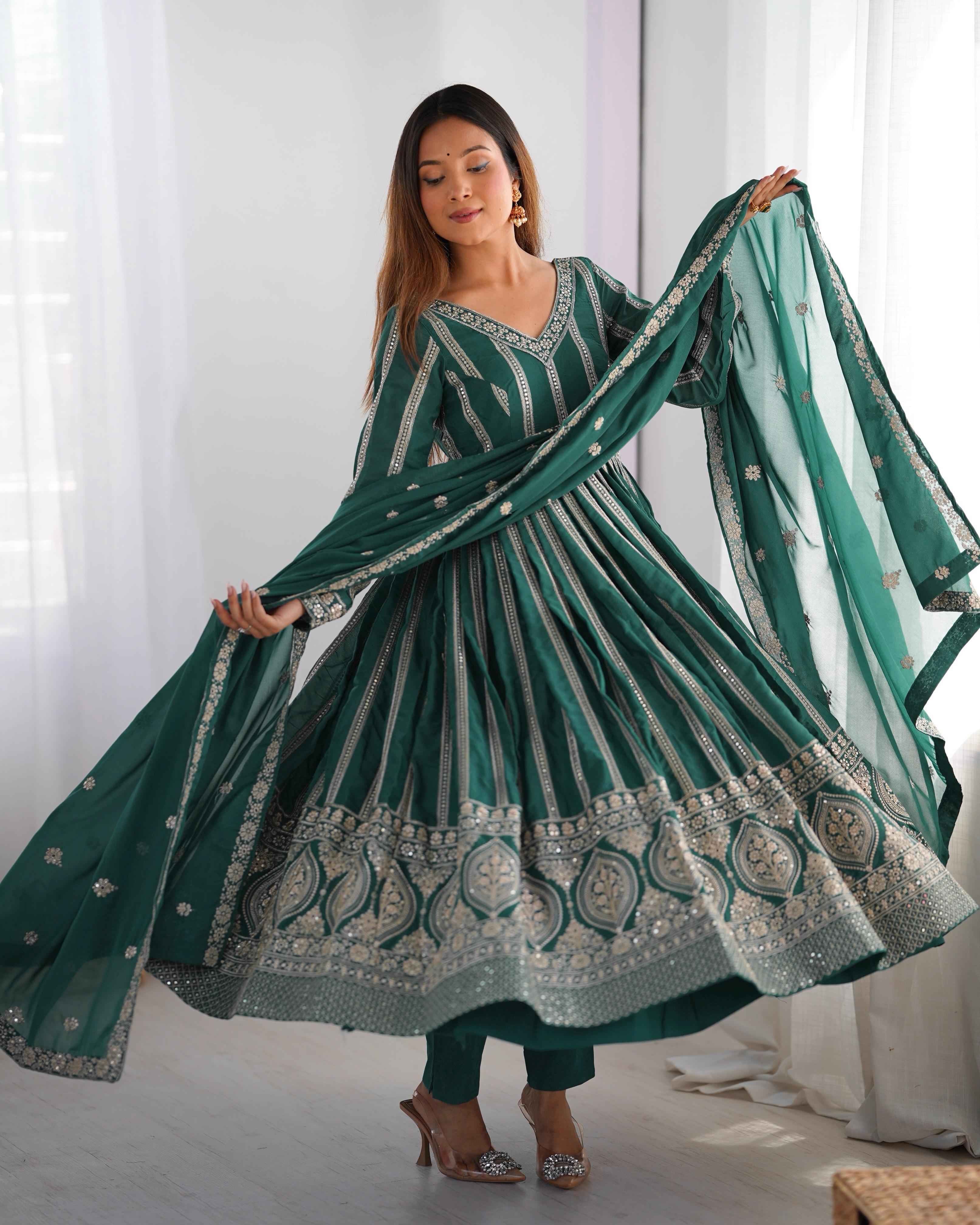 Wedding Wear Green Color Star Georgette Gown For Girls