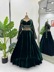 Wedding Wear Green Color Viscos Velvet Lehenga For Girls