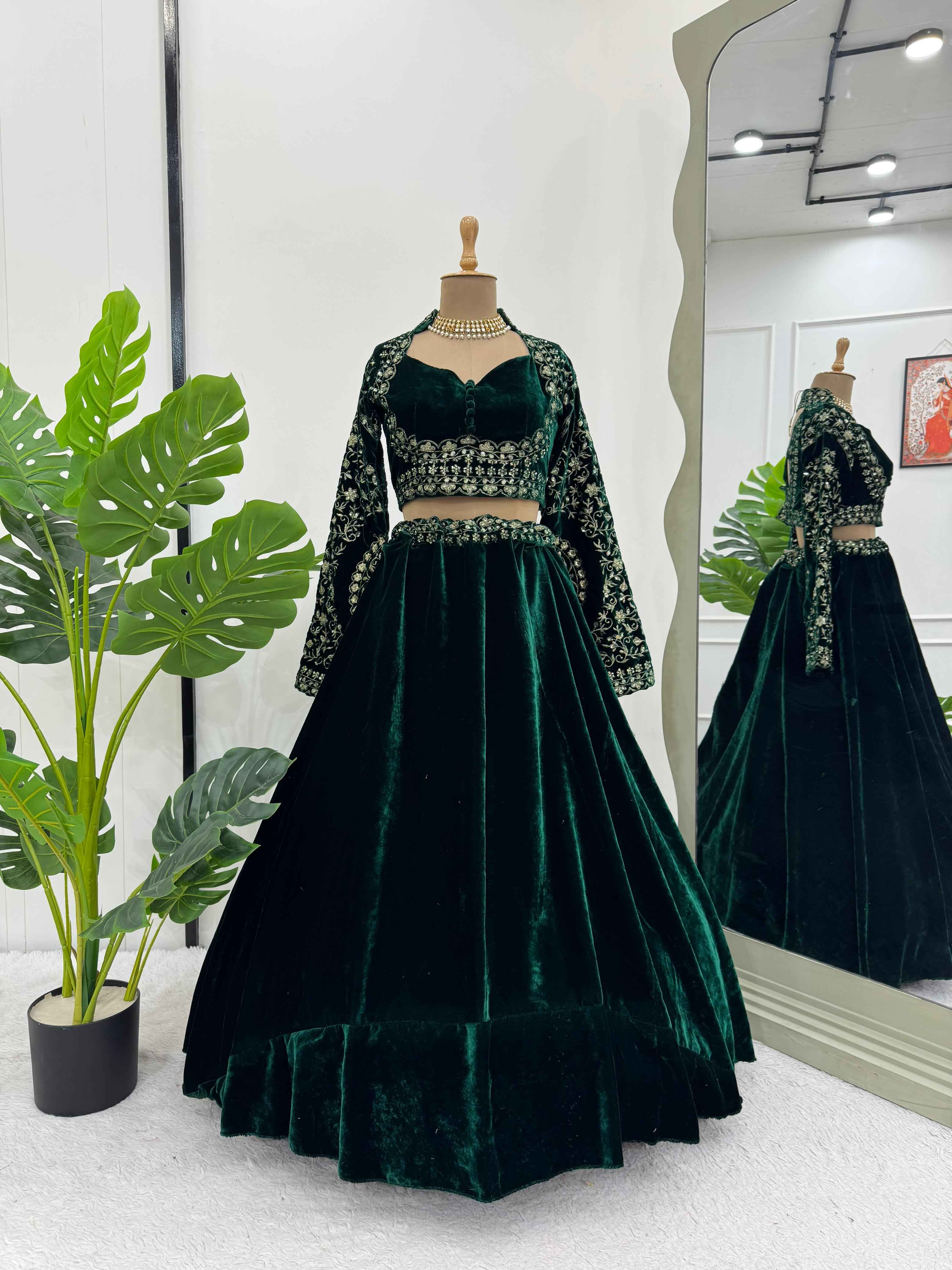 Wedding Wear Green Color Viscos Velvet Lehenga For Girls