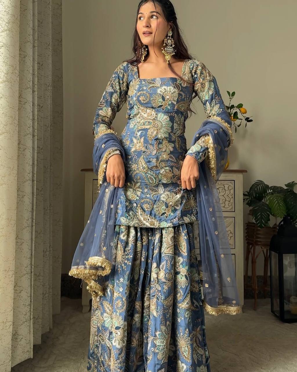 Wedding Wear Grey Color Chinon Silk Sharara For Girls