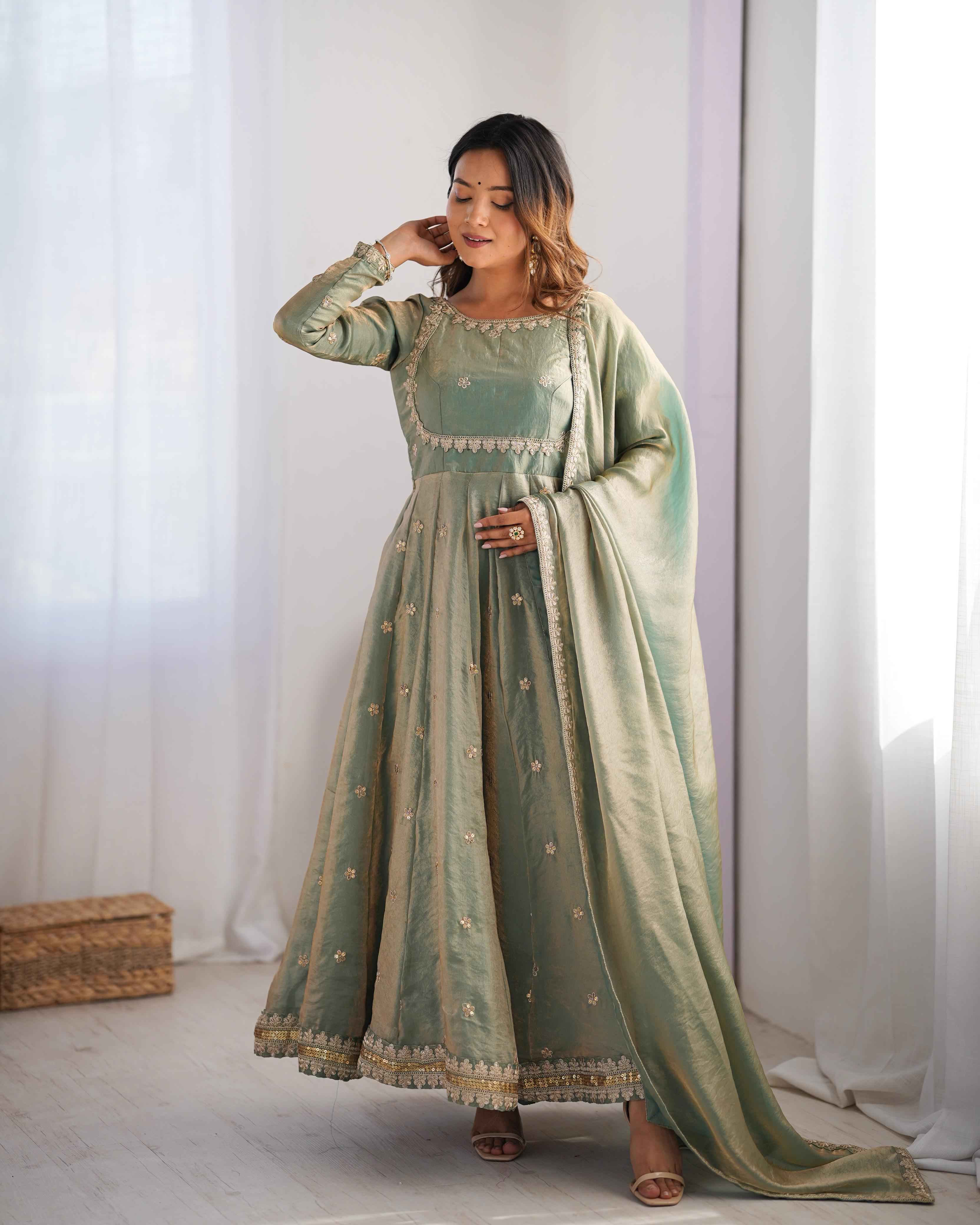 Wedding Wear Light Green Color Fandy Silk Gown For Girls
