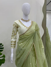 Wedding Wear Light Green Color Havy Twill Net Saree For Women