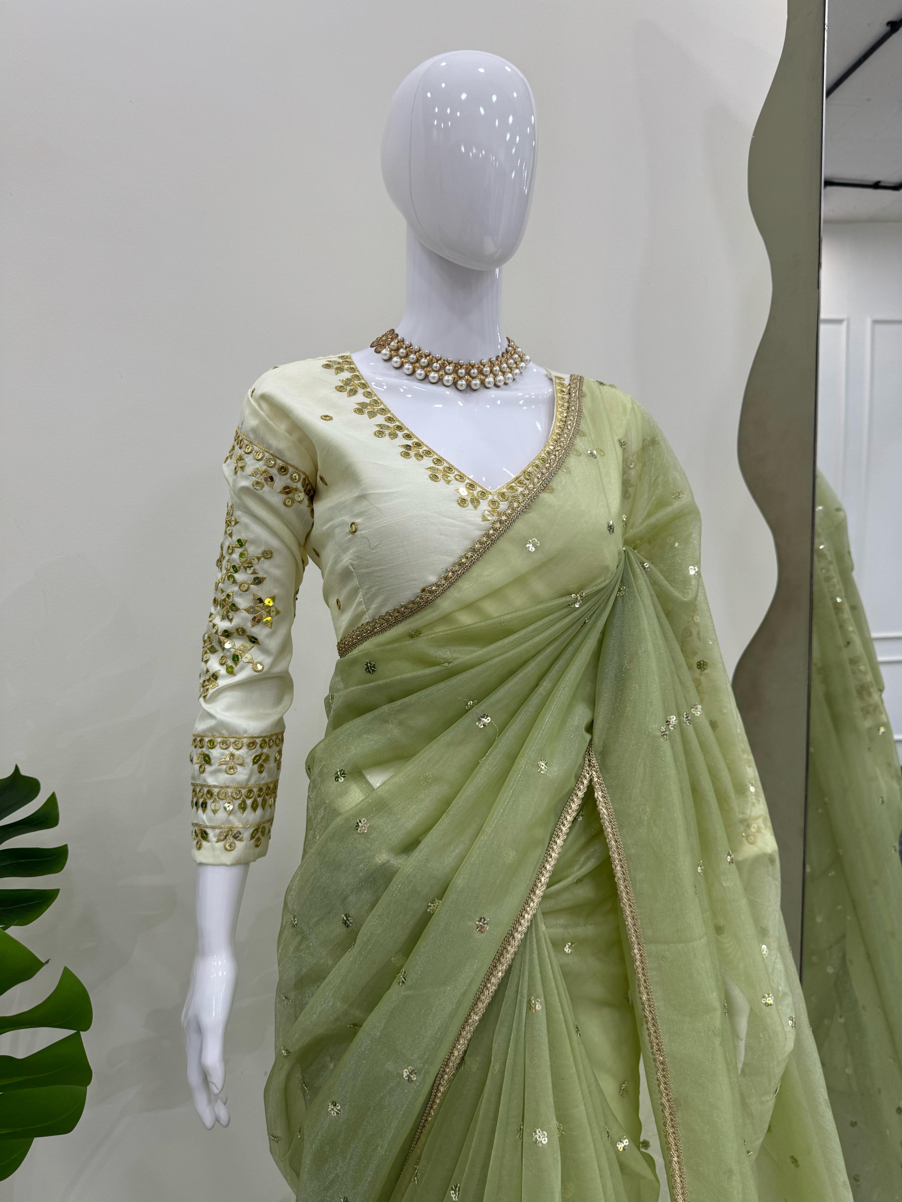 Wedding Wear Light Green Color Havy Twill Net Saree For Women