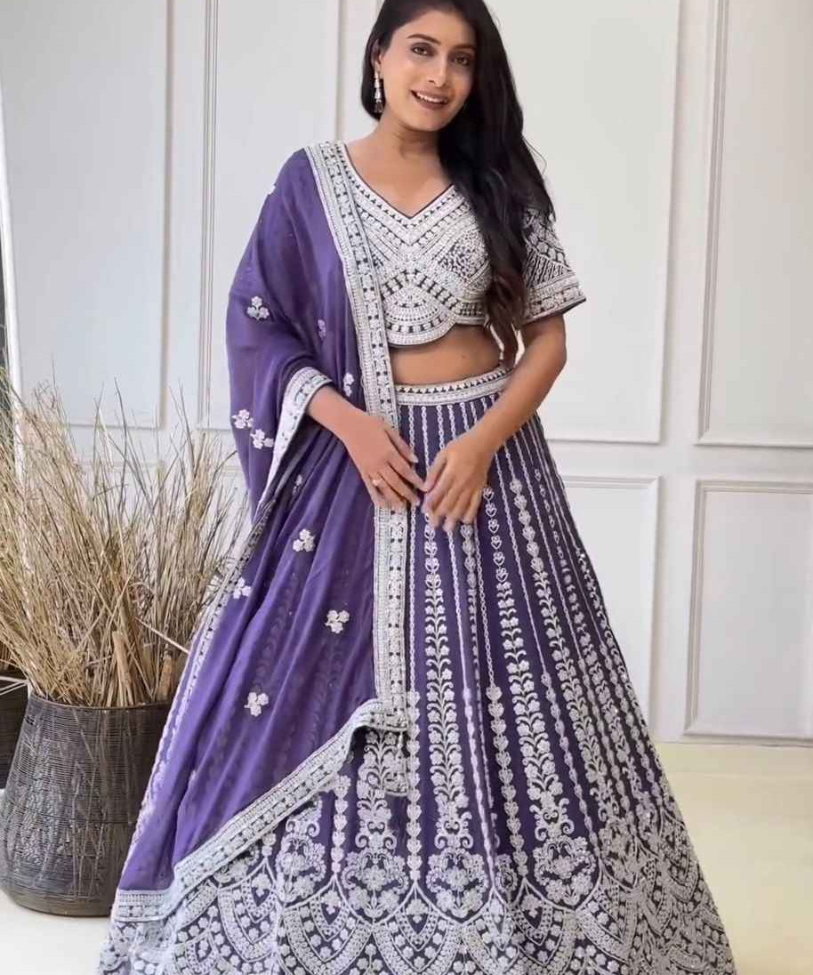 Wedding Wear Light Purple Color Foux Gorgette Lehenga For Women