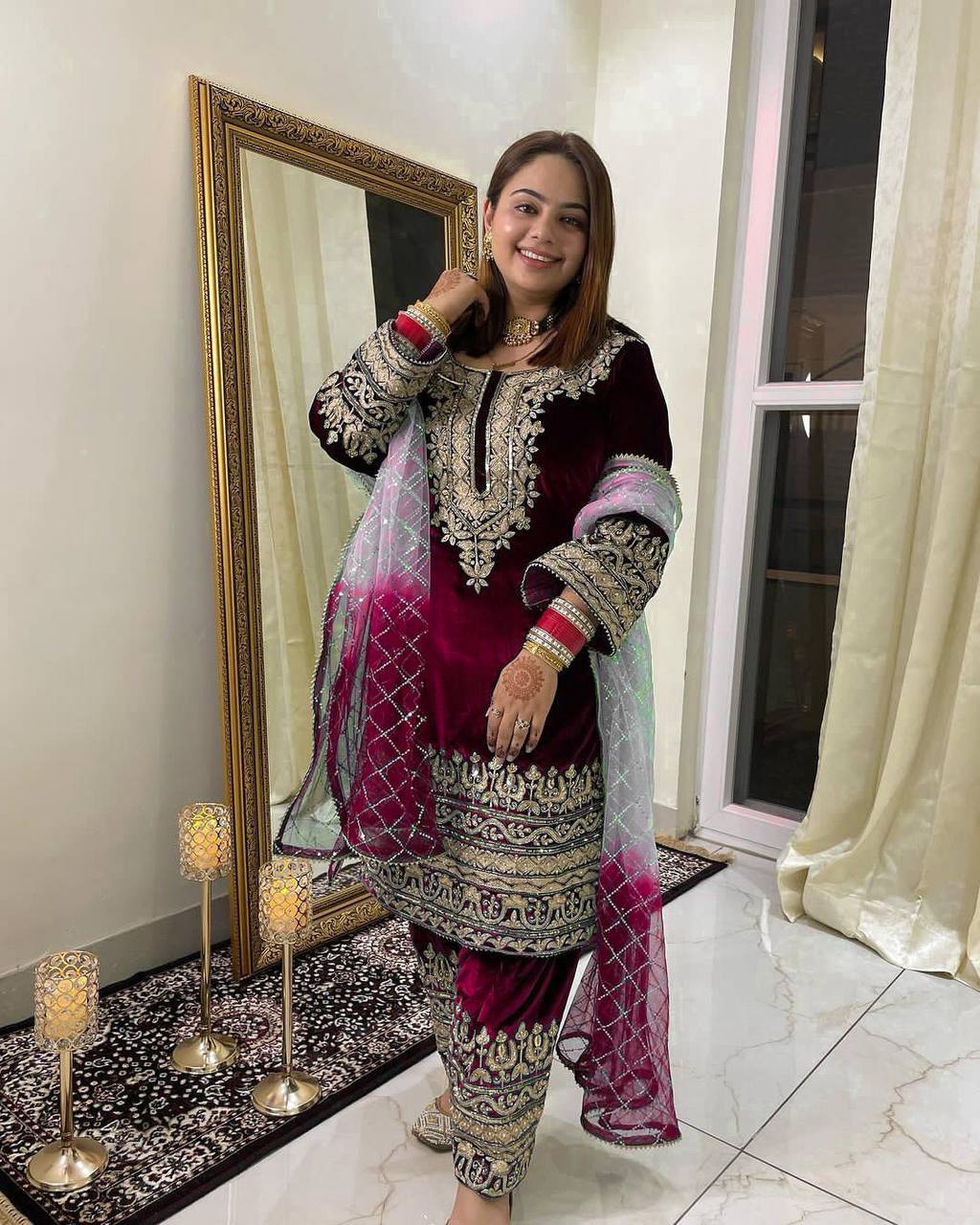 Wedding Wear Maroon Color Heavy Viscose Velvet Kurta For Women
