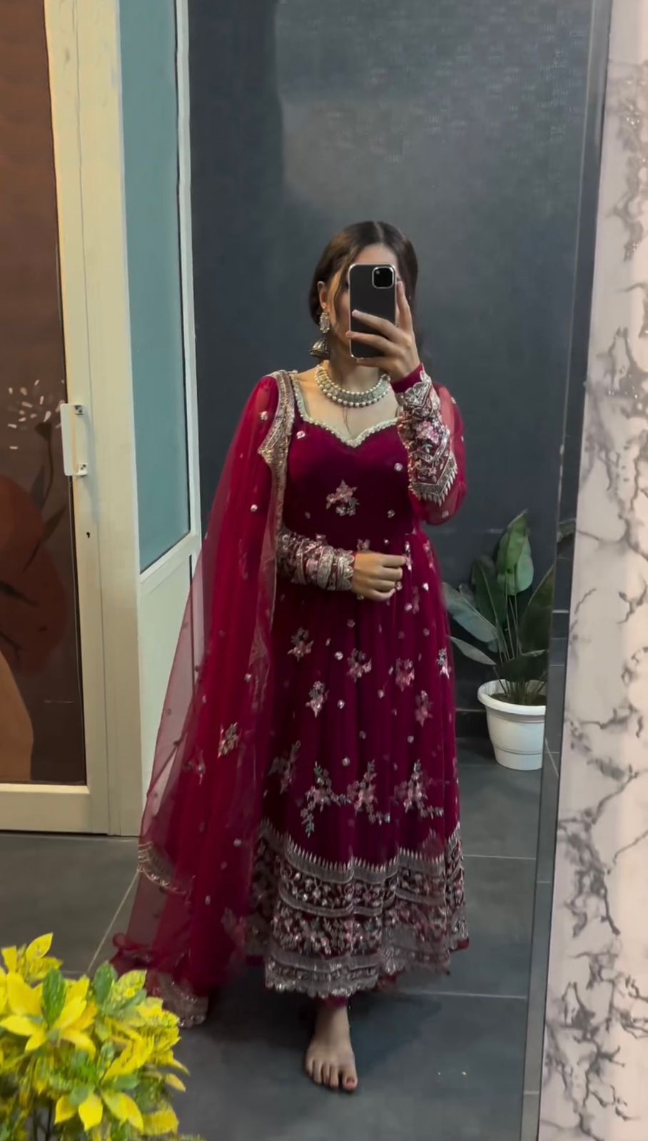 Wedding Wear Maroon Color Net Gown For Girls