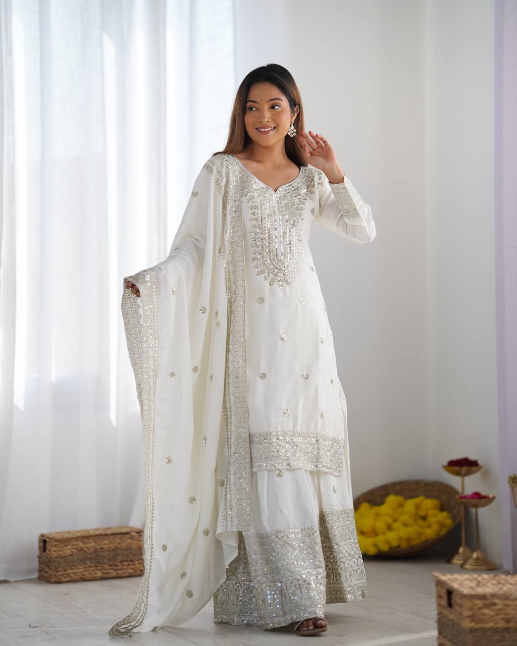 Designer Maroon, White color Chinnon Silk With Embroidery For Girls