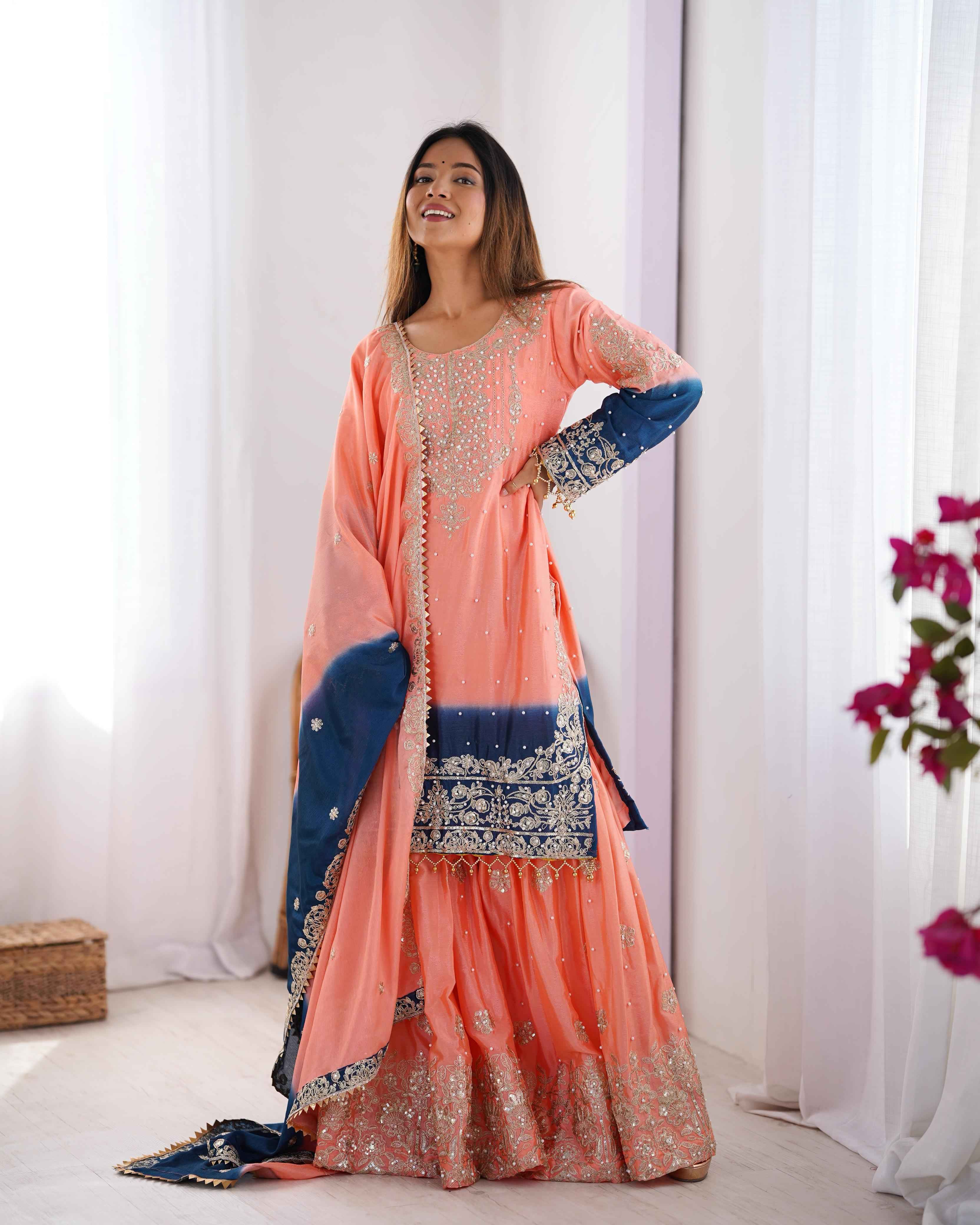Wedding Wear Multi Color Chinon Silk Sharara For Girls