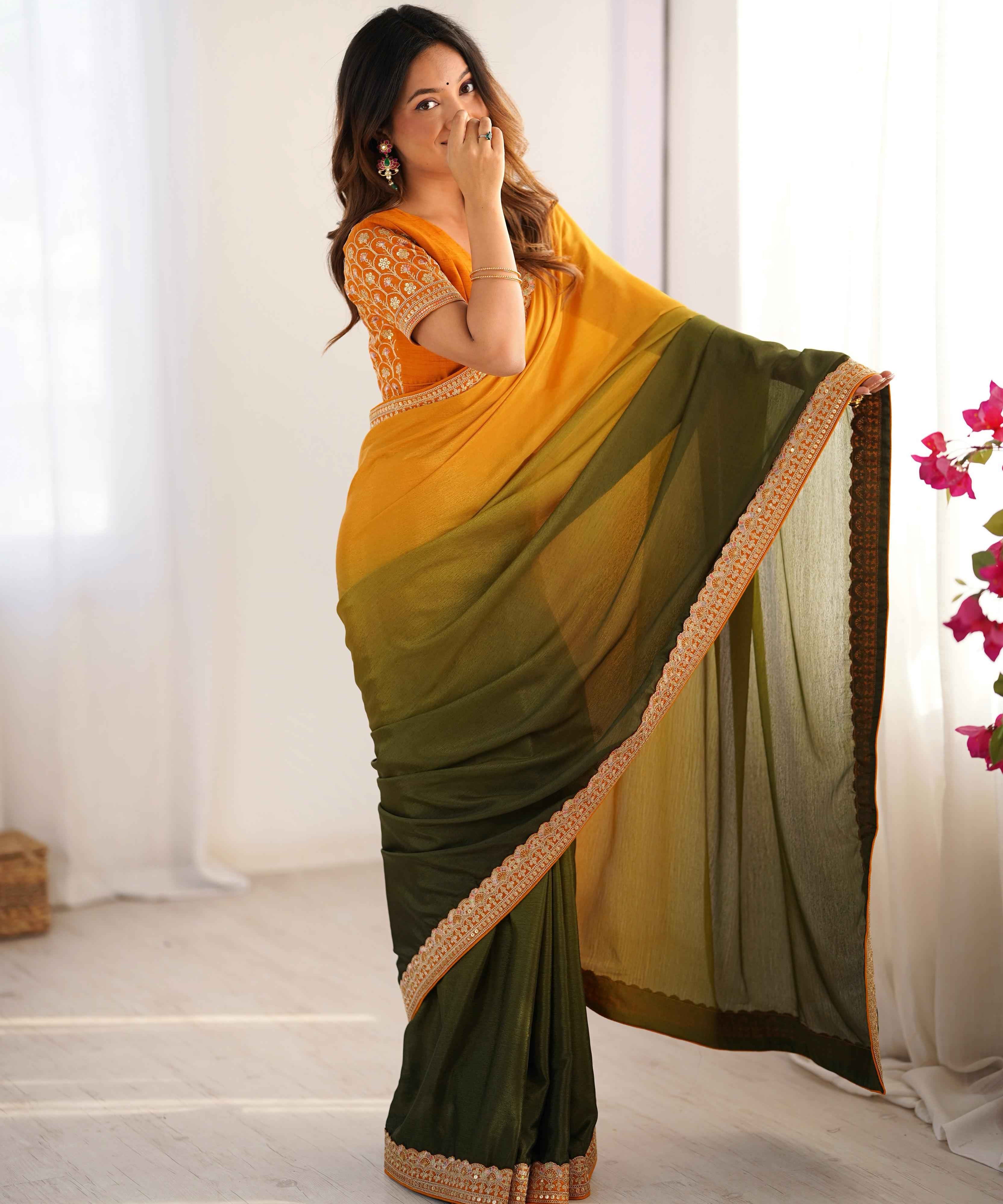 Wedding Wear Multi Color Chinon Silk Saree For Girls