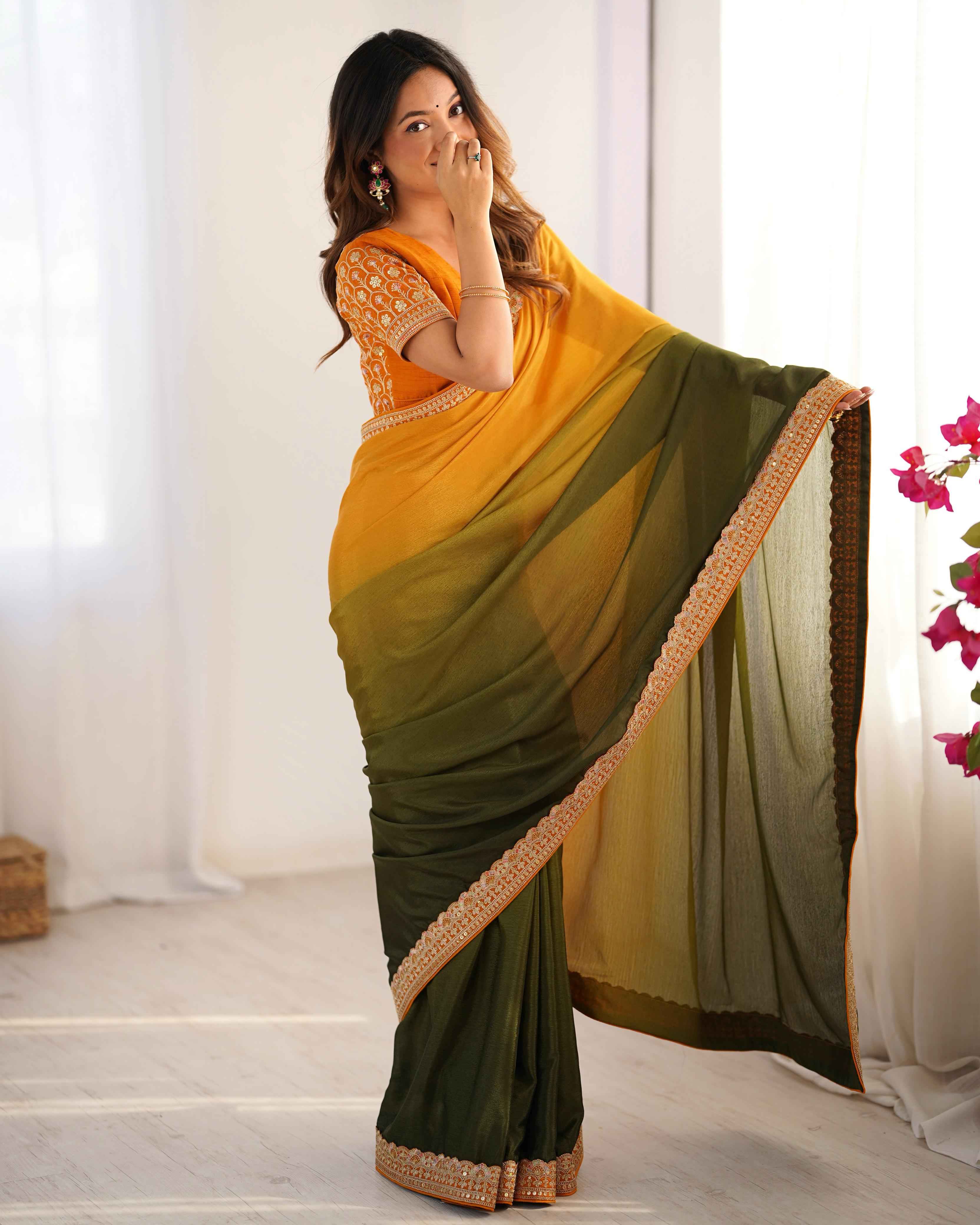 Wedding Wear Multi Color Chinon Silk Saree For Girls