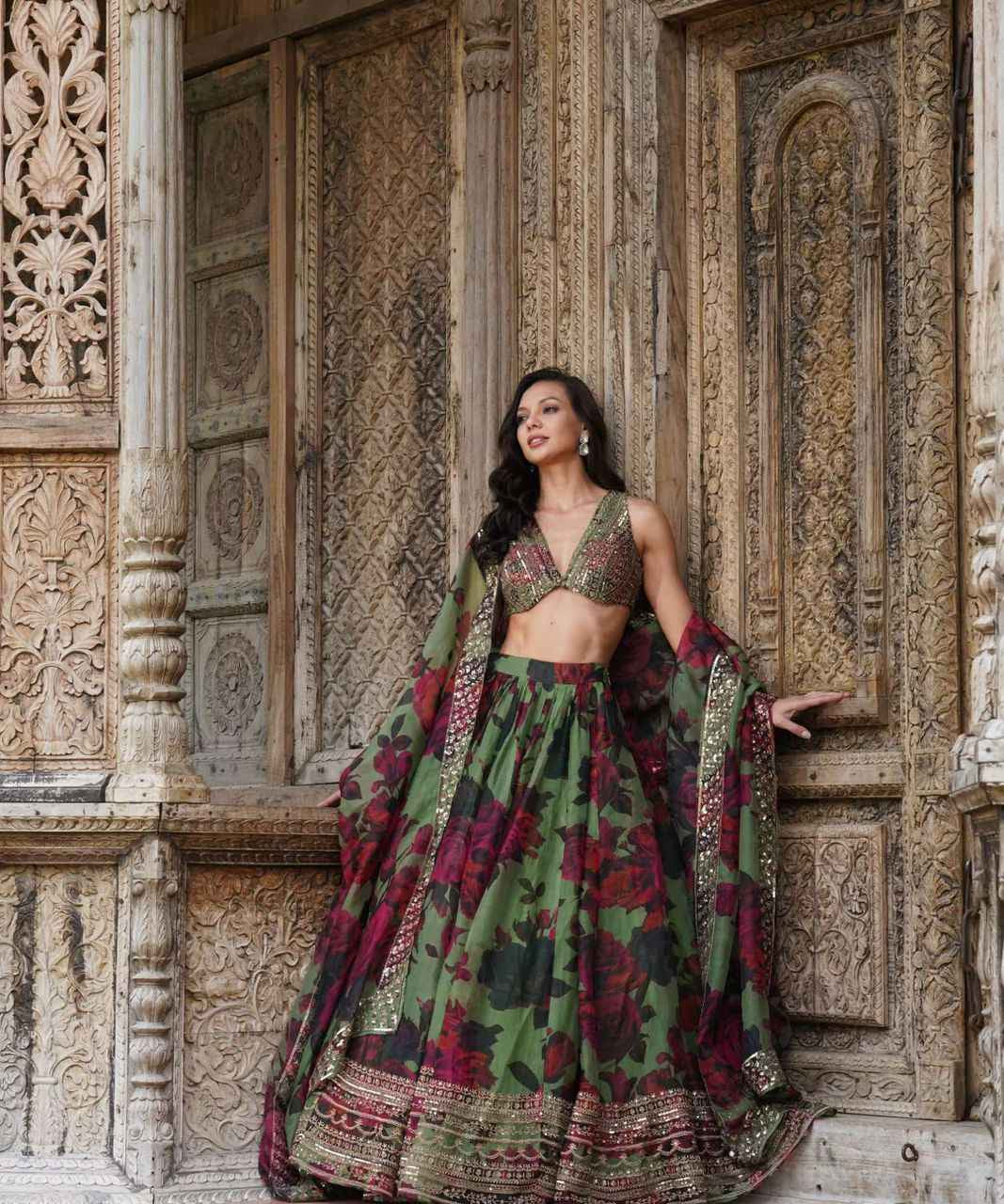 Wedding Wear Multi Color Tabby Orgnza Lehenga Choli For Women