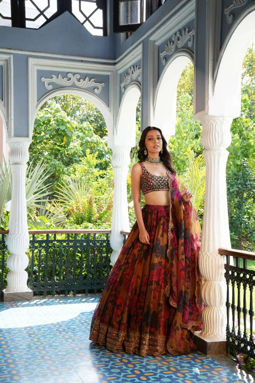 Wedding Wear Multi Color Tebi Organza Lehenga For Girls