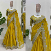 Wedding Wear Mustard Yellow Color Havy Tibby Silk Saree For Women