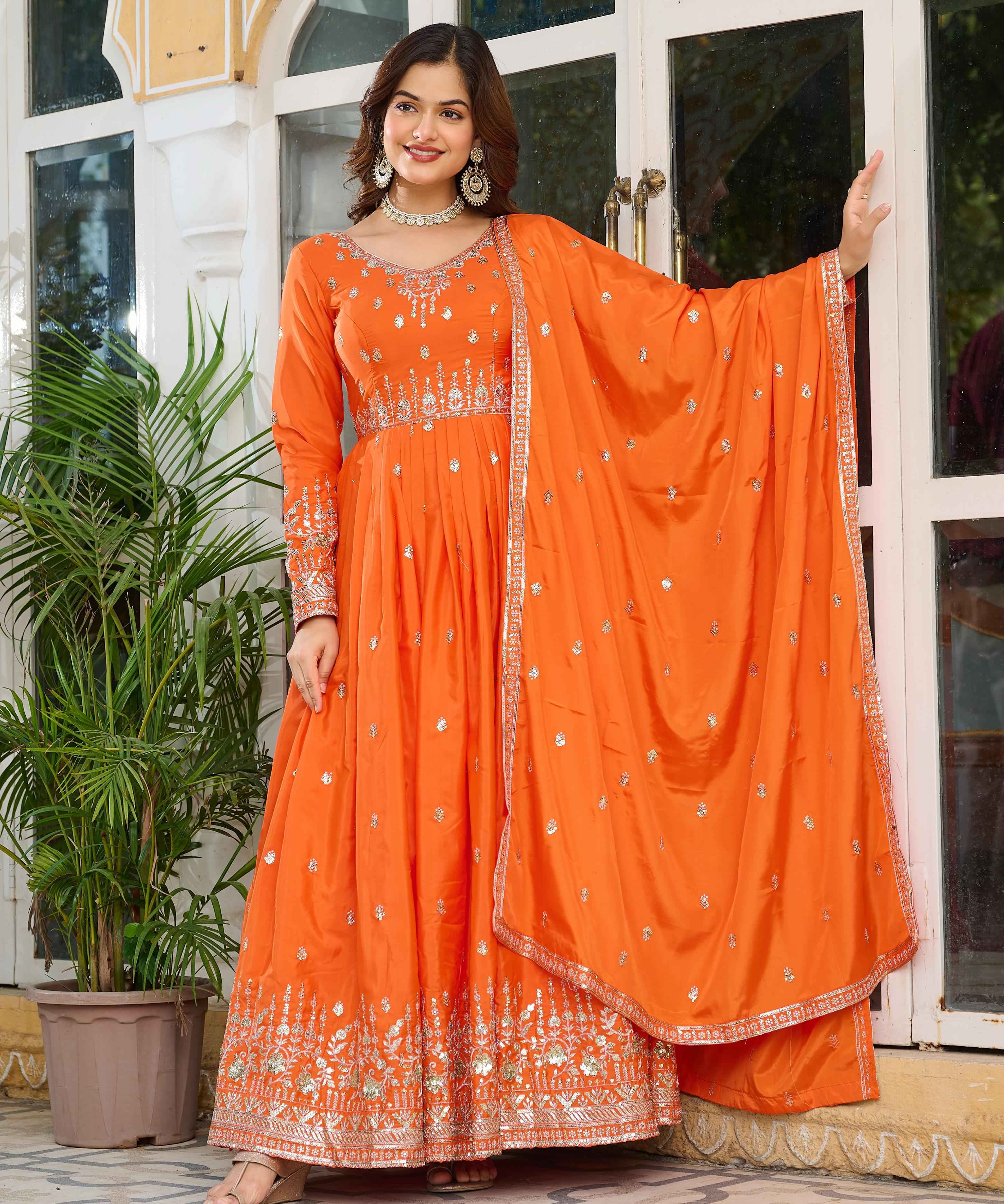 Wedding Wear Orange Color American Silk Gown For Girls