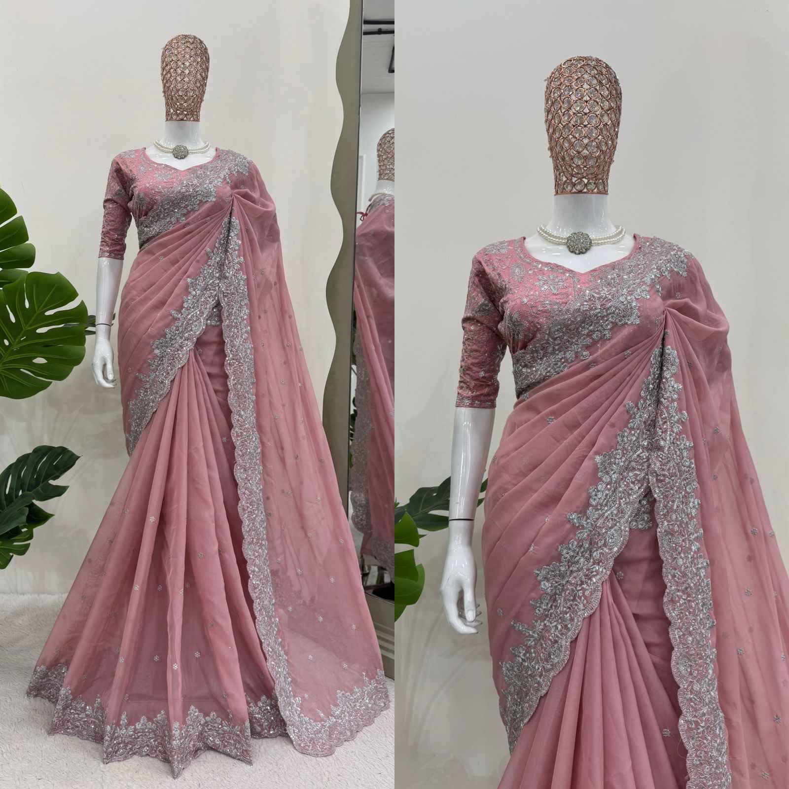 Wedding Wear Peach Color Havy Tibby Silk Saree For Women