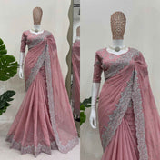 Wedding Wear Peach Color Havy Tibby Silk Saree For Women