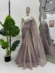 Wedding Wear Peach Color Havy Twill Net Saree For Women