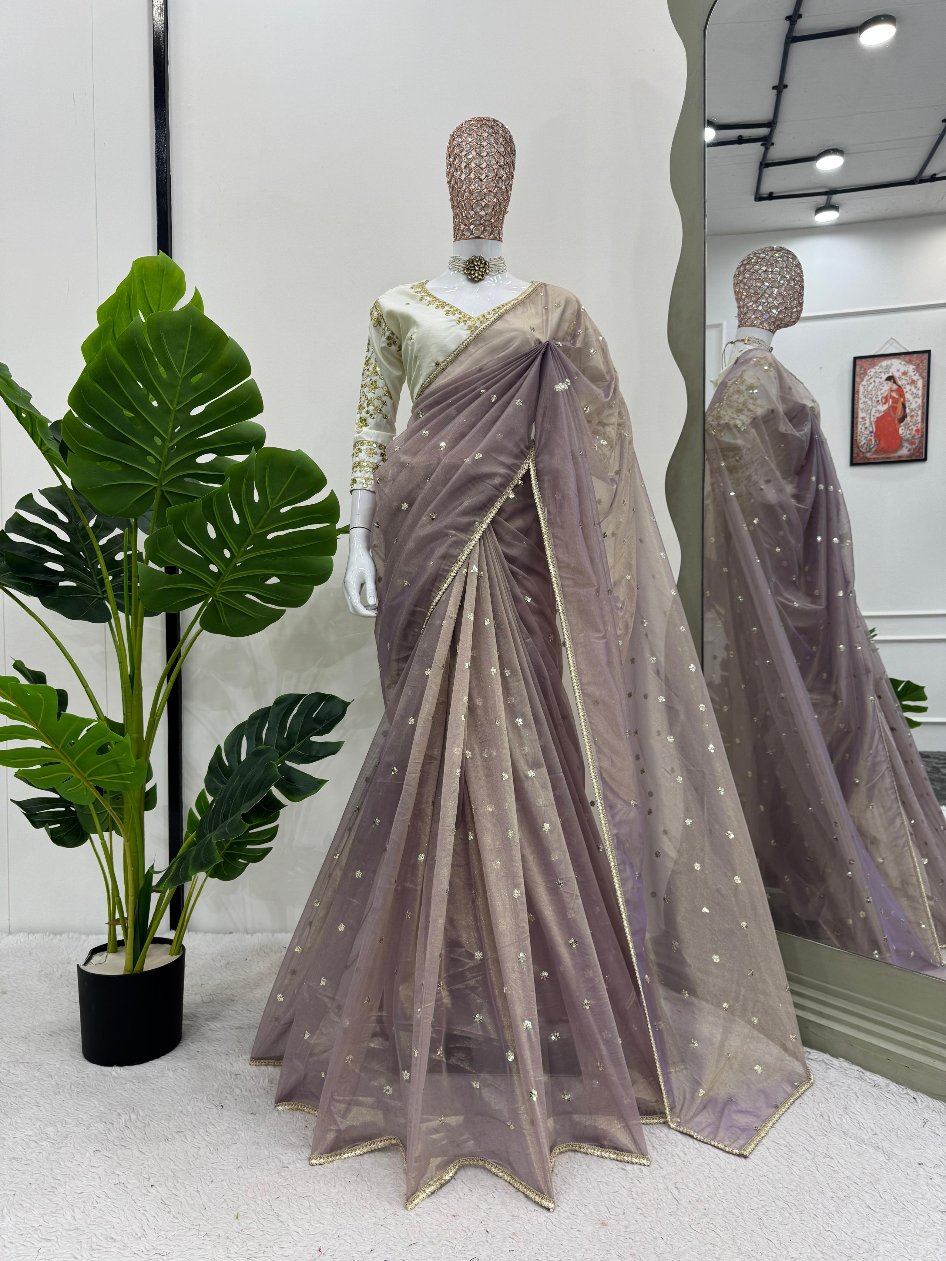 Wedding Wear Peach Color Havy Twill Net Saree For Women