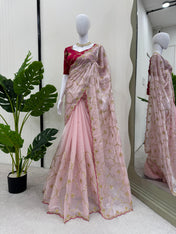 Wedding Wear Peach Color Havy Zimmy Chu Saree For Girls