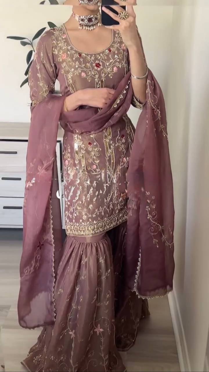 Wedding Wear Peach Color Pure Heavy Simmer Silk Sharara For Girls