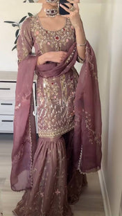 Wedding Wear Peach Color Pure Heavy Simmer Silk Sharara For Girls